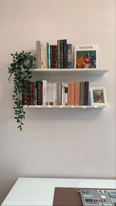 two white shelves with books and plants on them