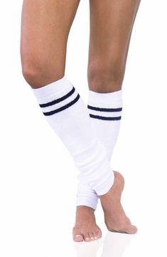 Bold contrast stripes lend a collegiate aesthetic to these throwback leg warmers crafted from soft cotton with stretch for added comfort. 80% cotton/20% spandex Machine wash, line dry Imported Sporty Stretch Knee-high Socks For Winter, Casual Stretch Striped Socks, Casual Striped Stretch Socks, White Sporty Knee-high Socks, White Fitted Cotton Knee-high Socks, Fitted White Cotton Knee-high Socks, Stretch Cotton Leg Warmers, Spring Cotton Leg Warmers, Spring Cotton Stretch Leg Warmers