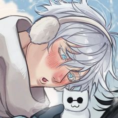 an anime character with white hair and blue eyes is hugging a stuffed animal in the snow