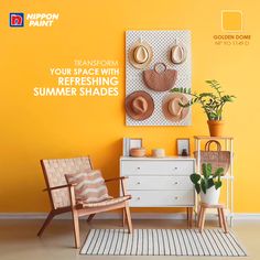 a yellow room with two chairs and a white dresser next to an orange wall that says transform your space with refreshing summer shades