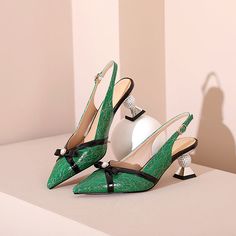 Decorated with bowknot and pearl. these novelty heels are just beautiful and unique. Upper: Genuine Leather Lining: Genuine Leather Outsole: TPR Toe Shape: Pointy Toe Closure: Buckle Strap Heel: 6.5cm/2.5'' is_handmade: Yes Elegant Green Slingback Pumps For Formal Occasions, Elegant Green Slingback Pumps With Heel Strap, Elegant Green Slingback Pumps For Evening, Green Slingback Pumps With Heel Strap For Party, Party Slingback Pumps With Bow Straps And Low Heel, Elegant Green Slingback Pumps For Party, Elegant Kitten Heels With Bow Straps For Party, Green Closed Toe Slingback Pumps For Party, Glamorous Pointed Toe Slingback Pumps With Bow