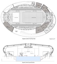 the floor plan for an indoor arena and first floor plan, with seating areas on each side