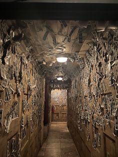 the inside of an airplane with many pieces of wood and metal on it's walls