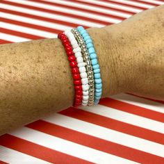 4th Of July White Beaded Bracelets Gift, Patriotic Beaded Bracelets For 4th Of July, 4th July Braclets, Patriotic Multicolor Beaded Bracelets For 4th Of July, Red Patriotic Bracelet Jewelry, Bristol Tn, Bracelets Red, Blue Preppy, July Outfits