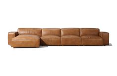 a brown leather sectional sofa with two reclinings on the bottom and one end