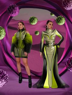 two models in futuristic fashion standing next to each other on a purple background with flowers