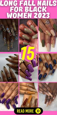 Discover the stunning world of long fall nails for black women in 2023! These designs are perfect for making a bold statement and embracing your unique style. From elegant French tips to intricate acrylic designs, there's an abundance of ideas to explore. Add a touch of glamour with rhinestones or go for a chic and minimalistic aesthetic. Whether you prefer square or almond-shaped nails, these nail inspirations will enhance your natural beauty. Nail Designs For Black Women, Nail Ideas For Black Women, Long Fall Nails, Nails For Black Women, Autumn Deep, Olive Nails, Plum Nails, Fall Nail Ideas, Navy Blue Nails