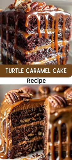 a chocolate cake with caramel drizzle on top is cut in half and has one slice taken out