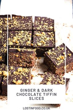 there are many pieces of brownies on the table with text overlay that says ginger and dark chocolate tiffin slices