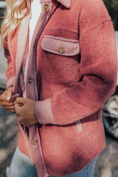 Perfect for layering, our 'Boston Chill Jacket In Blush' is a total must-have! Features a 50% chenille material, collared neckline buttoned down cut, long sleeves with button closure cuffs, two side and two flap pockets on the chest, and a flattering silhouette that falls into a round hemline. Measurements S : Bust 42", Hip 42", Length 29", Sleeve Length 18", Waist 42". M : Bust 44", Hip 44", Length 29", Sleeve Length 18.5", Waist 44". L : Bust 46", Hip 46", Length 29", Sleeve Length 19", Waist Pink Button-up Outerwear With Buttoned Pockets, Pink Fall Outerwear With Buttoned Pockets, Pink Outerwear With Buttoned Pockets For Fall, Pink Outerwear With Double Button And Lapel Collar, Pink Snap Button-up Outerwear, Winter Pink Outerwear With Snap Buttons, Pink Winter Outerwear With Snap Buttons, Pink Outerwear With Buttoned Pockets For Spring, Pink Outerwear With Button Closure And Lapel Collar