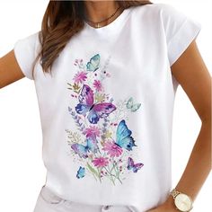 Brand Name:linenlooks,Sleeve Style: RegularFabric Type: BroadclothSeason: SummerMaterial: PolyesterClothing Length: RegularTops Type: TeesSleeve Length(cm): ShortPattern Type: FloralFit Type: LOOSESCollar: O-Neck Butterfly White, Pretty Butterfly, T Shirt Painting, Collars For Women, Shirt Sale, White T Shirt, Abstract Print, White Tshirt, White T