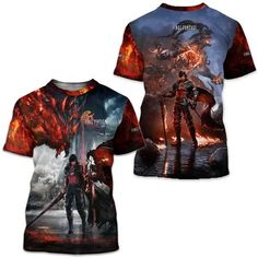 a t - shirt with an image of two people on fire