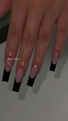 Dark Birthday Nail Designs, Cute Glitter French Tip Nails, Acrylic Nail Ideas Medium, Nail Inspo Tapered Square, New Years Nails Coffin, Black Baddie Nails, Black Bling Acrylic Nails, Birthday Glam Nails, Nails Acrylic Ballerina