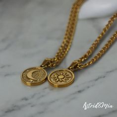 Embark on a celestial journey with our exquisitely crafted Gold Sun and Moon Necklace. This stunning piece of jewelry captures the enchanting beauty of the cosmos, making it a perfect accessory for those who adore astronomical wonders. * N E C K L A C E ∙ D E T A I L S * › 1x Gold Sun and Moon Necklace › Chain Length: 55cm › Pendant Material: Durable Stainless Steel with Gold Plating › Hypoallergenic - Gentle on sensitive skin › Tarnish free & Water resistant Adorn yourself with the timeless ele Schmuck Gold, Sun And Moon Necklace, Celestial Necklace, Gold Sun, Pendant For Women, Necklace Chain Lengths, Celestial Jewelry, Sun And Moon, Moon Necklace