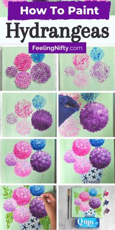 how to paint hydrangeas in different colors and sizes, with text overlay