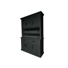 a black cabinet with two doors and drawers on the bottom shelf is shown against a white background