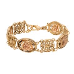 Meso Round Intricate Filigree & Pink Rose Glass Stone Link Bracelet Gold Bracelet With Rose Design For Gift, Victorian Rose Gold Bracelets As Gift, Victorian Rose Gold Bracelets Gift, Antique Gold Jewelry With Rose Design, Elegant Gold Cameo Bracelets, Victorian Gold Jewelry With Rose Design, Ornate Oval Gold Bracelets, Ornate Gold Oval Bracelets, Ornate Oval Engraved Bracelets