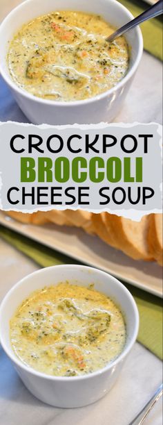 crockpot broccoli cheese soup in two white bowls on a green place mat