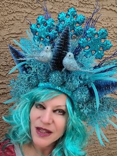 Get ready for Holiday party! Great addition to your "Ugly sweater" outfit or your holiday cocktail dress. Blue colored headdress will stand out from the crowd. Great for Christmas, New Year, Halloween, Carnival, Masquerade, photoshoot and more... Decorated with three Christmas trees, two birds, snowflakes, snowballs, holiday decorations, mesh, sequin.... Headdress size about 15x15 inch. Elastic in the back, fits most heads. Colors can be slightly different from the pictures you see depends on yo Masquerade Photoshoot, Ugly Sweater Outfit, Snow Queen Crown, Ugly Sweater Outfits, Winter Crown, Three Christmas Trees, Holiday Cocktail Dress, Christmas Headdress, Carnival Masquerade