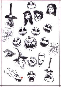 halloween stickers with different faces and hats on them, all in black and white