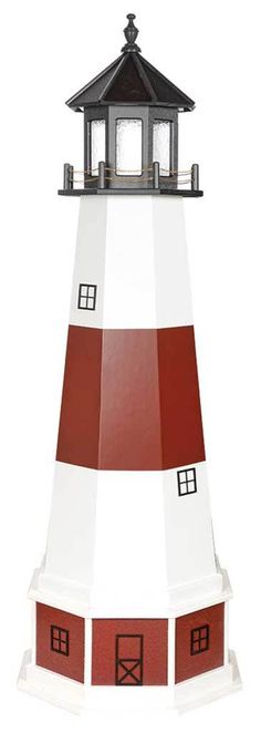 a white and red lighthouse with a black roof on it's top is shown in front of a white background