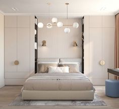 a bedroom with a large bed and white walls