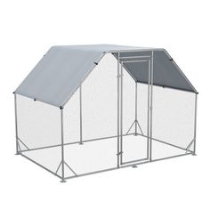 a large metal chicken coop with a roof on the top and side walls, in front of a white background