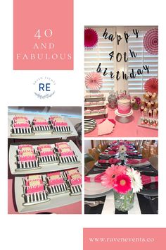 a pink and black birthday party with cake, cupcakes and flowers on the table