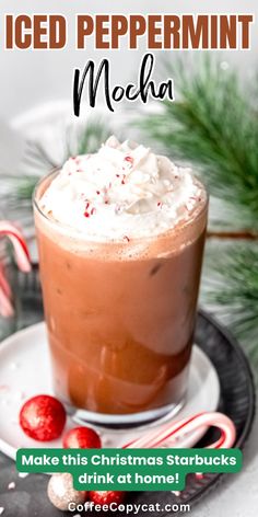 an iced peppermint drink on a plate with candy canes