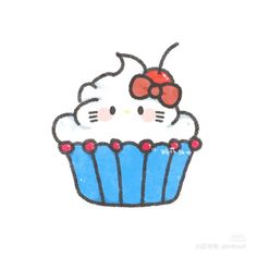 a drawing of a hello kitty cupcake with white frosting and a red bow on top