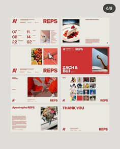 a bunch of different pictures are shown on the page, with red and white accents