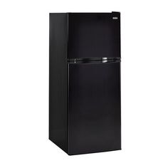 a black refrigerator freezer sitting on top of a white wall