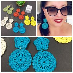 crocheted earrings are being displayed in three different pictures, and the woman is wearing sunglasses