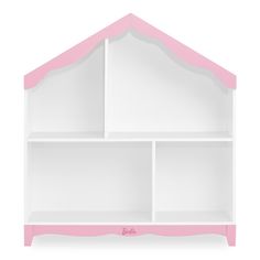 a white shelf with pink trim and shelves