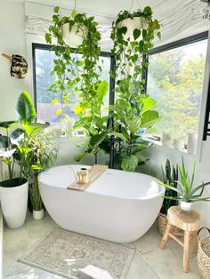 a bathroom with plants in the window and a bathtub on the floor next to it