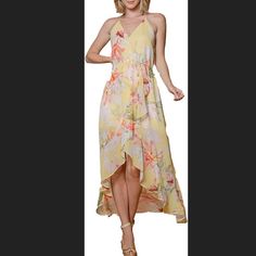 Nwt $246 Lavender Brown Yellow Floral Faux Wrap Maxi Dress In Size Small! Spaghetti Strap High Low Hem Faux Wrap Floral V-Neck Adjustable Straps Ruffle At Hem 100% Viscose Elegant Yellow Maxi Dress For Spring, Flowy Yellow Maxi Dress For Spring, Yellow Sundress Maxi For Spring, Yellow Sundress Maxi Dress For Spring, Chic Yellow Flowy Dress, Yellow Maxi Dress For Spring Party, Chic Yellow Spring Dress, Chic Flowy Yellow Dress, Lavender Floral Print V-neck Maxi Dress