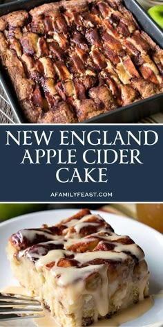 a close up of a piece of cake on a plate with the words new england apple cider cake