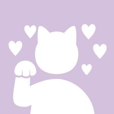 a white cat with hearts flying around it's neck on a lilac background