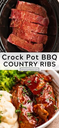 crock pot bbq country ribs with broccoli and mashed potatoes on the side