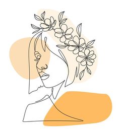 a line drawing of a woman with flowers in her hair