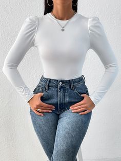 White Casual Collar Long Sleeve Knitted Fabric Plain  Embellished High Stretch  Women Tops, Blouses & Tee Casual Chique, Muslim Women Fashion, White Long Sleeve Blouse, Slim Sweater, Looks Party, Classy Work Outfits, White Casual, Outfits Casuales