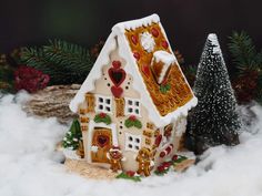 a small gingerbread house is in the snow