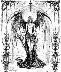 a black and white drawing of a woman with wings on her head, standing in front of