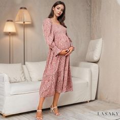 Lasaky - Long-Sleeved Chiffon Maternity Dress with Petite Floral Design Chiffon Dress Floral, Chiffon Maternity Dress, Pink Maternity Dress, Floral Maternity Dresses, Small Floral Print, Dress Dusty, Home Dress, Hem Skirt, Maternity Dress