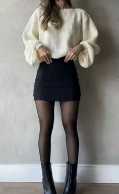 Black Skater Skirt Outfit Fall, Skort Outfit Elegant Winter, Black Mini Dress Winter Outfit, Short Skirt With Stockings Outfit, Juleaften Outfit, Petite Skirt Outfit, Turtleneck And Skirt Outfit, Black Knit Skirt Outfit, Sweater Over Skirt