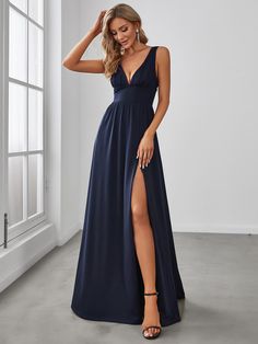 Navy Blue  Collar Sleeveless Fabric Plain A Line Embellished High Stretch  Weddings & Events Sleeveless Bridesmaid Dresses, Evening Dress Floor Length, Ever Pretty, Sleeveless Gown, Bridesmaid Gown, Party Gowns, Navy Blue Dresses, Formal Evening Dresses, Comfortable Dress