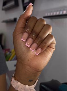 Small Pink French Tip Nails, Short French Pink Nails, French With Pink Tips, French Tip Acrylic Nails Short Square, Square Nails Short French, Short Nails With French Tips, Pink French Tip Nails And Toes, French Nails With Pink Tips, Short Square Pink French Tip Nails