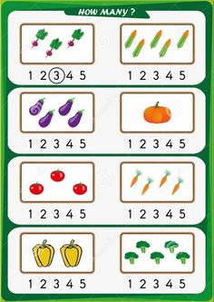 an activity for children to learn how to count the numbers in each row with vegetables