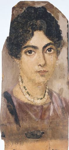 an old painting of a woman with black hair and pearls on her necklace, wearing a brown dress