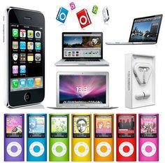 there are many different types of cell phones in this image, including ipods and mp3 players